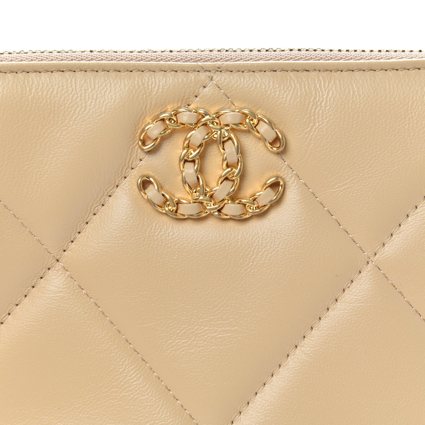 Shiny Goatskin Quilted Chanel 19 Small Pouch With Handle Beige