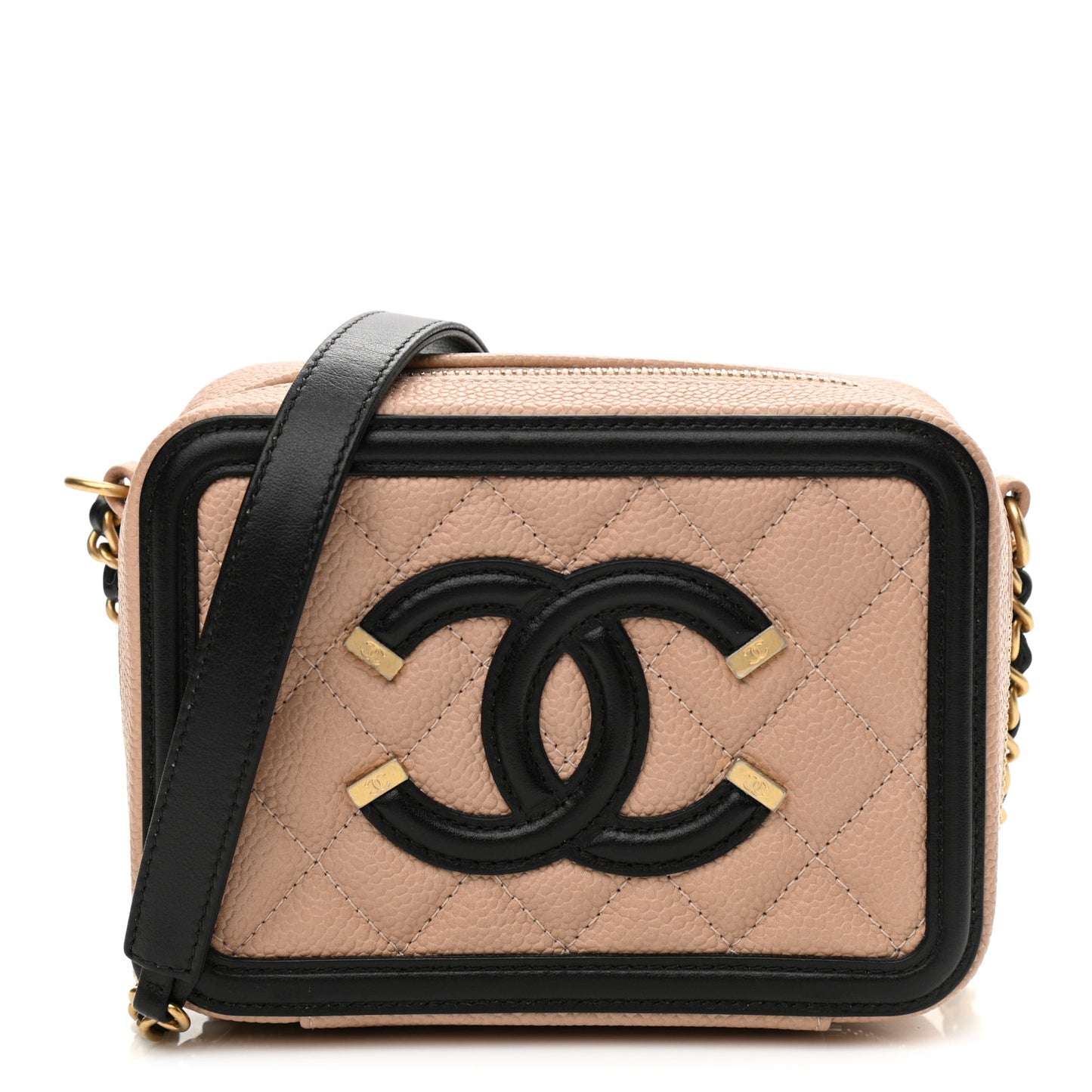 Caviar Quilted CC Filigree Vanity Clutch With Chain Beige Black