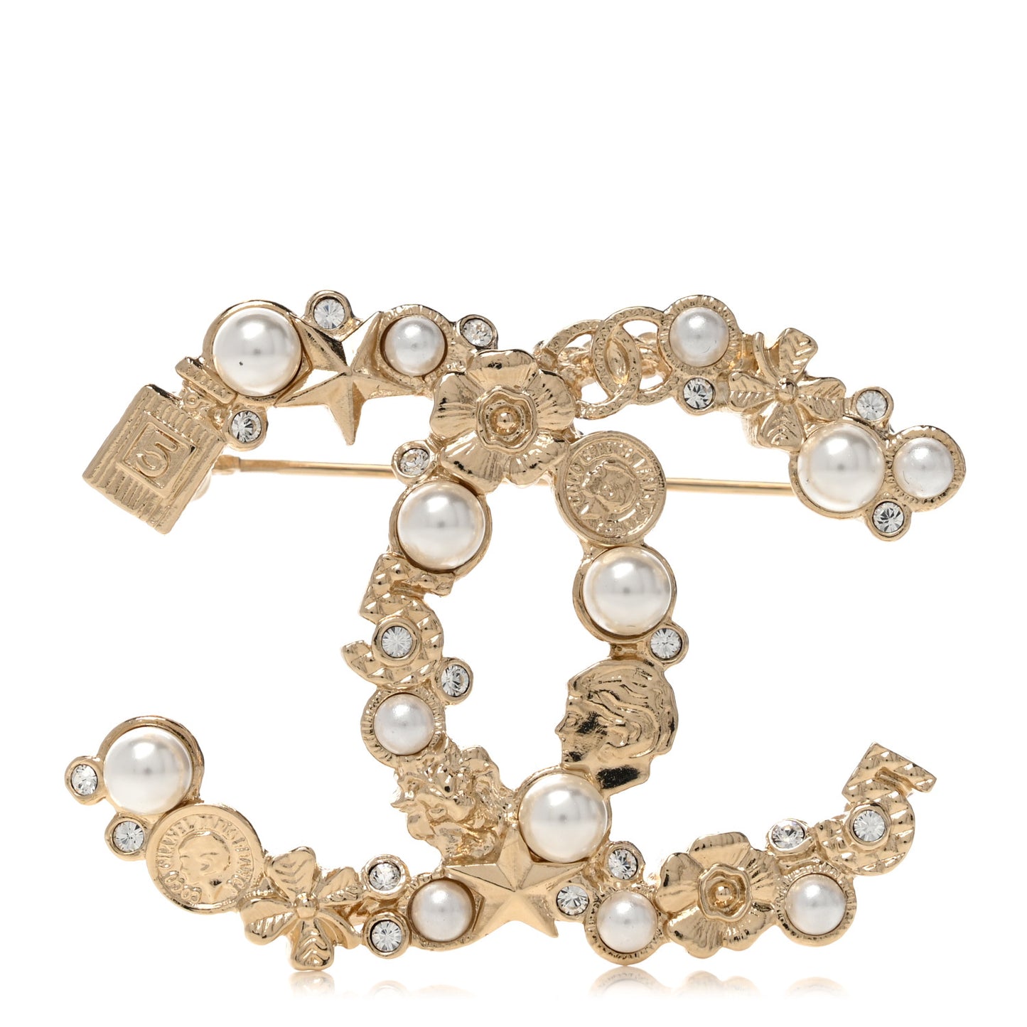 Crystal Pearl CC Charms Brooch Gold