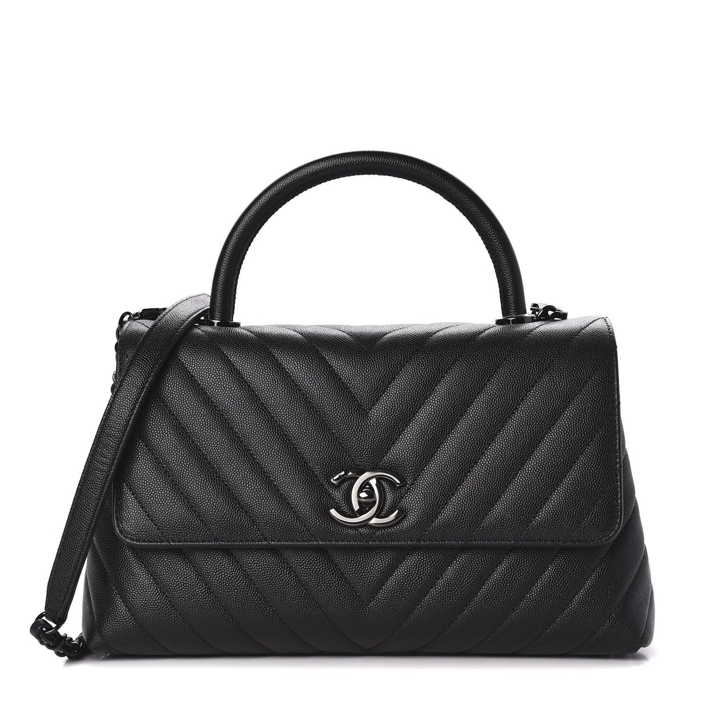 Caviar Chevron Quilted Small Coco Handle Flap So Black