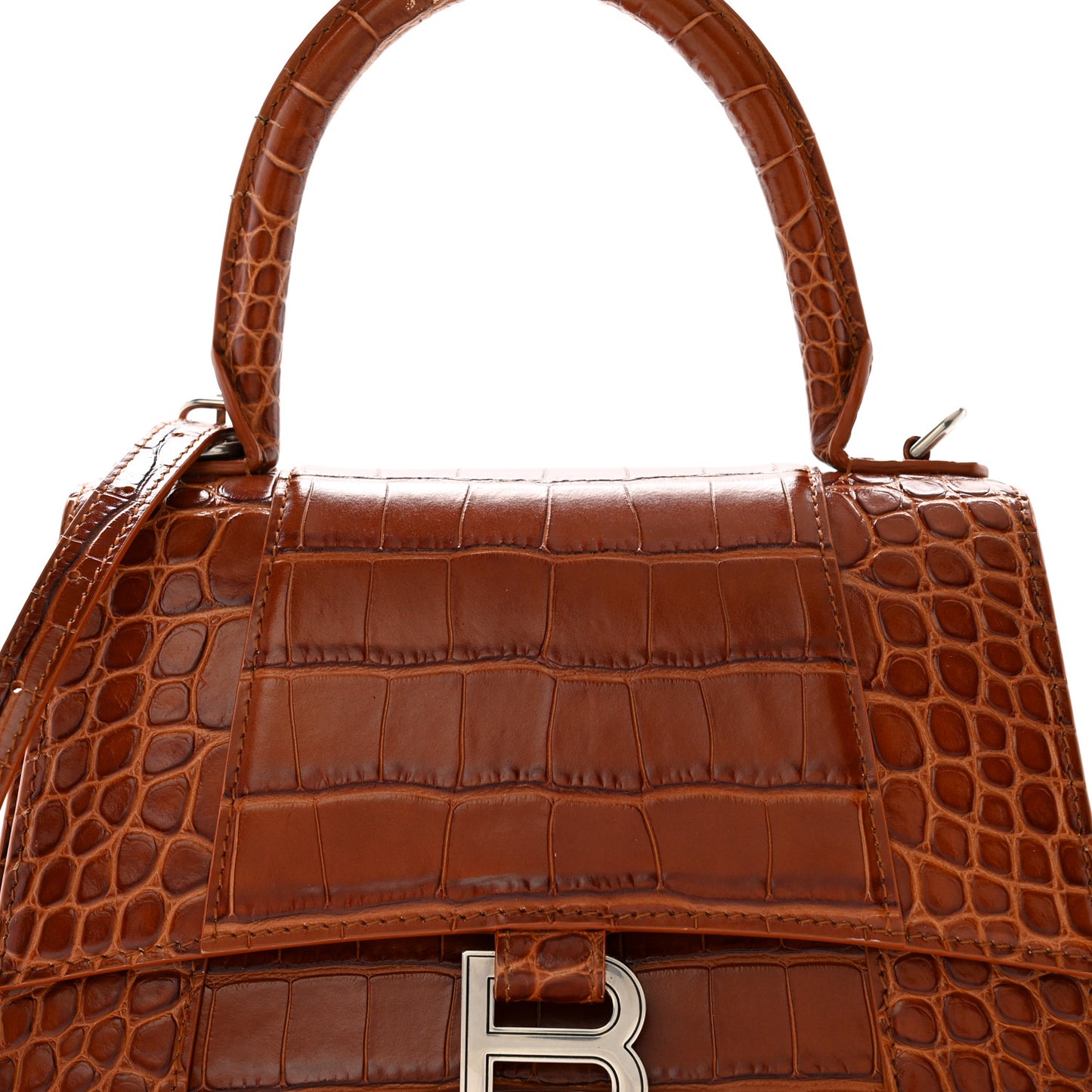 Shiny Calfskin Crocodile Embossed Small Hourglass Top Handle Bag Camel