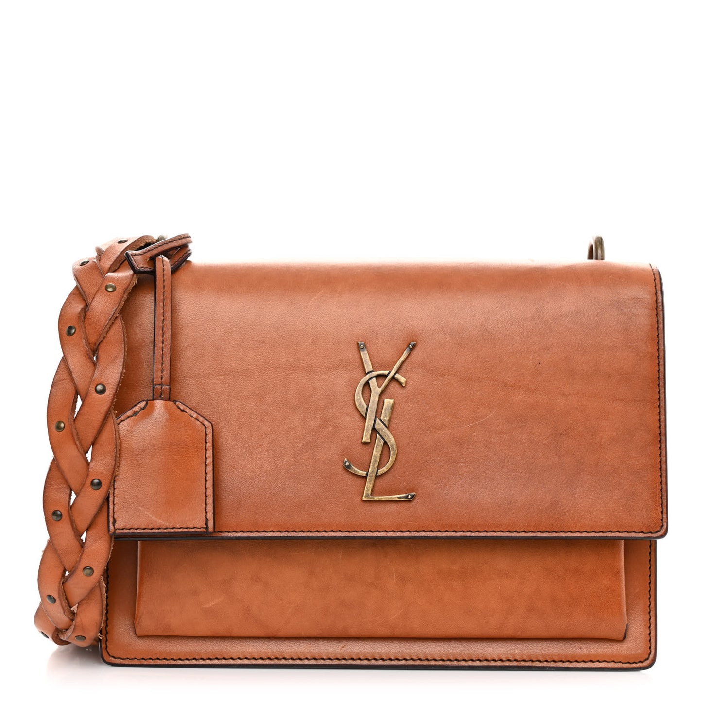 Calfskin Medium Monogram Sunset Shoulder Bag With Braided Strap Natural Brown