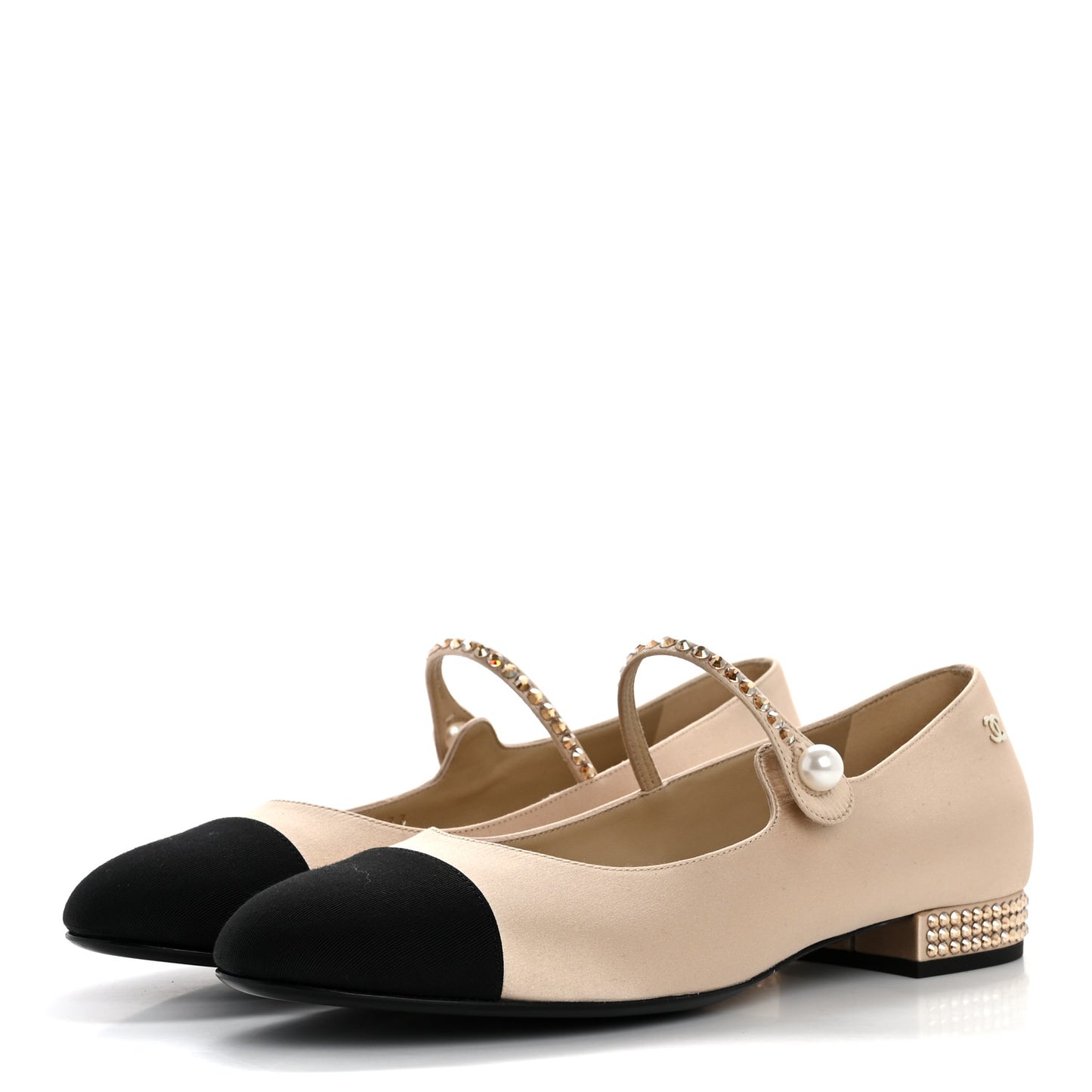 Strass Satin Grosgrain Mary Jane Flats 38.5 Beige Black