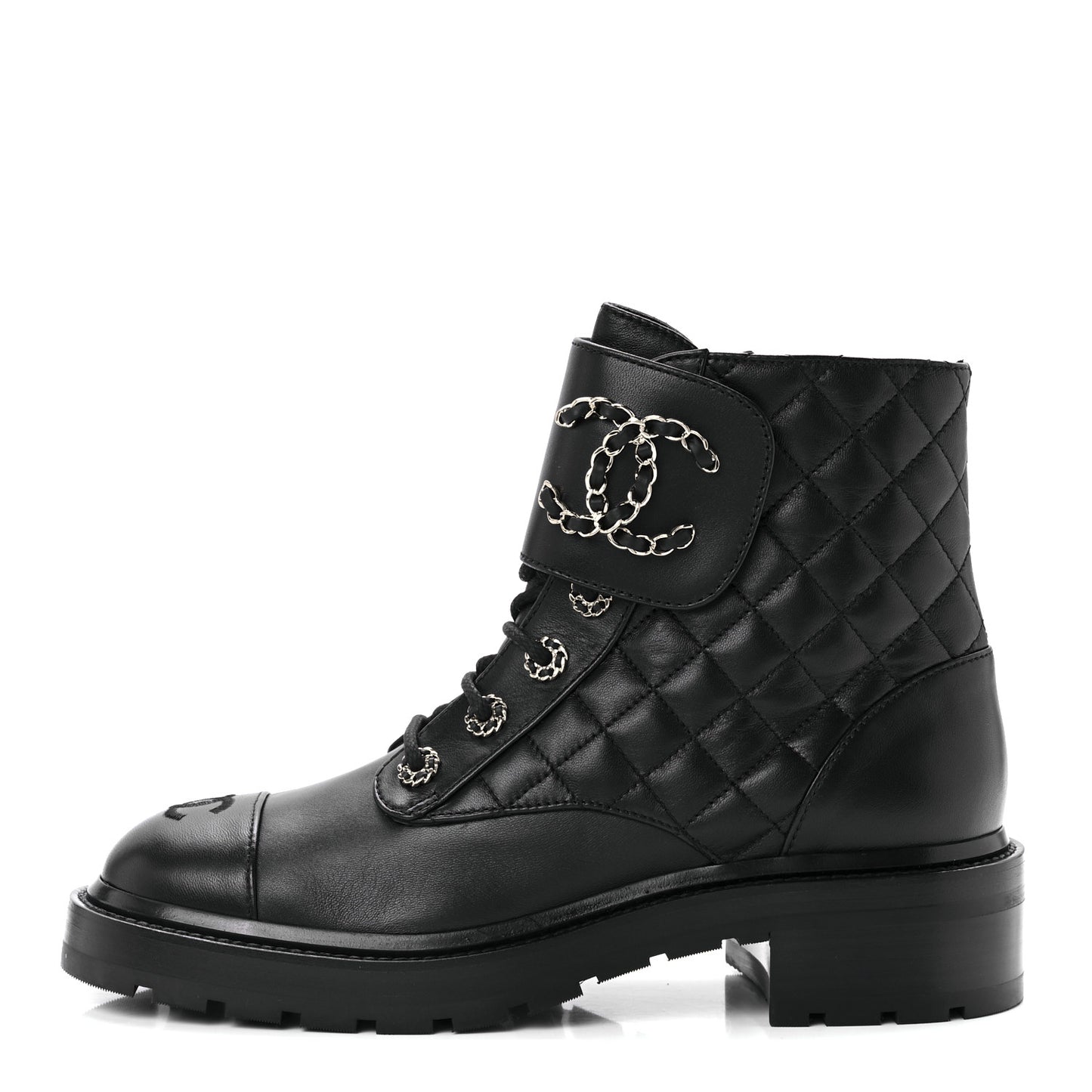 Shiny Lambskin Quilted Lace Up Combat Boots 39 Black