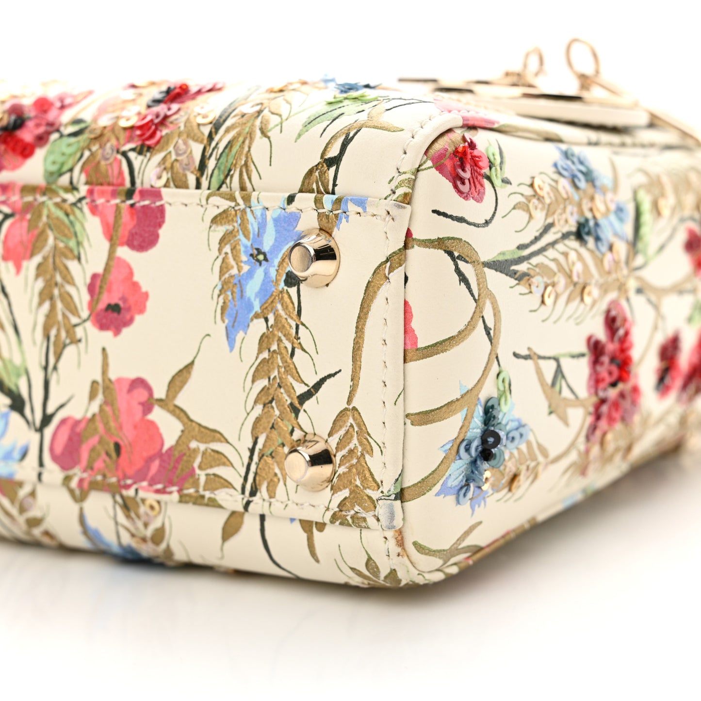 Calfskin Hibiscus Printed Embroidered Mini Lady Dior Beige Multicolor