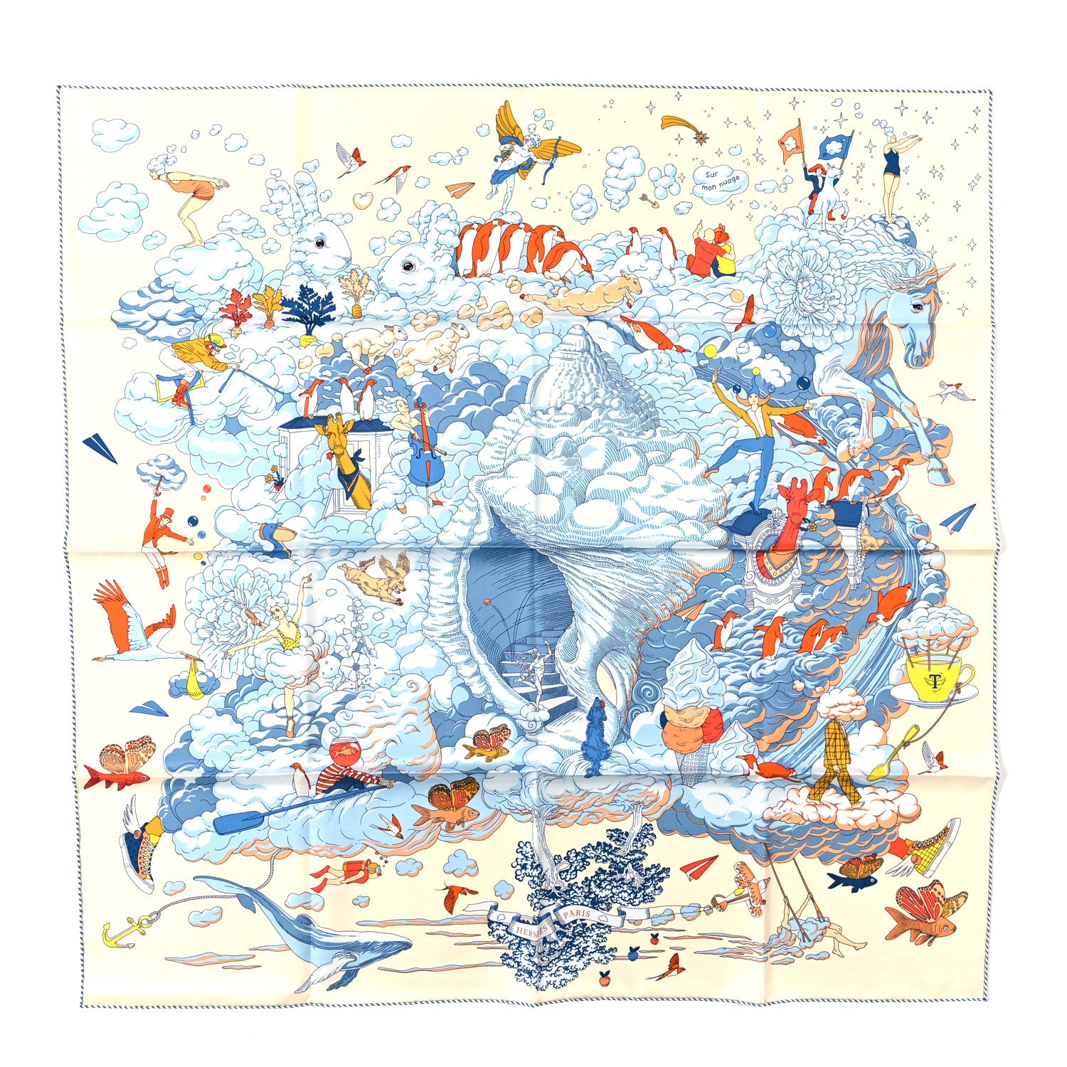 Hermes Silk Sur Mon Nuage Scarf 90 Creme Bleu Clair 1 of 3