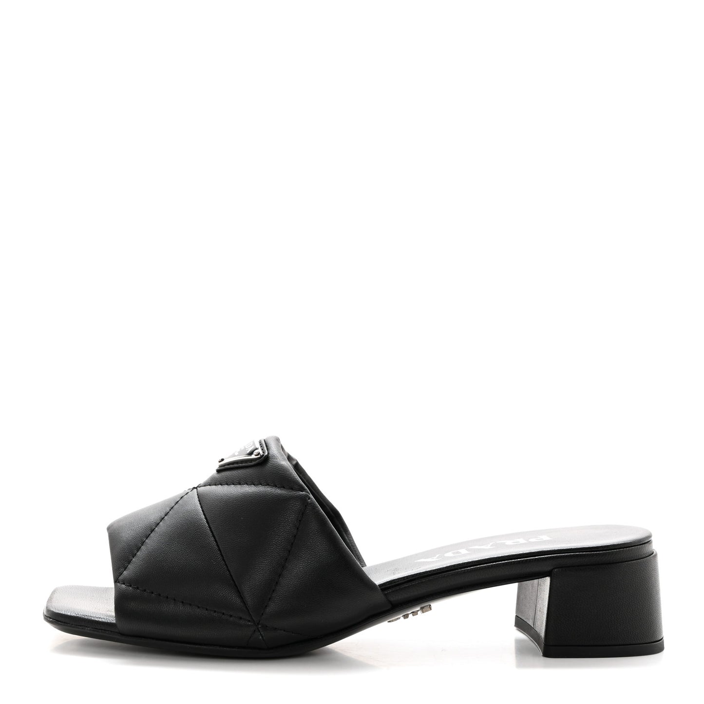 Nappa Metal Triangle Logo Quilted Block Heel Slide Sandals 36 Black