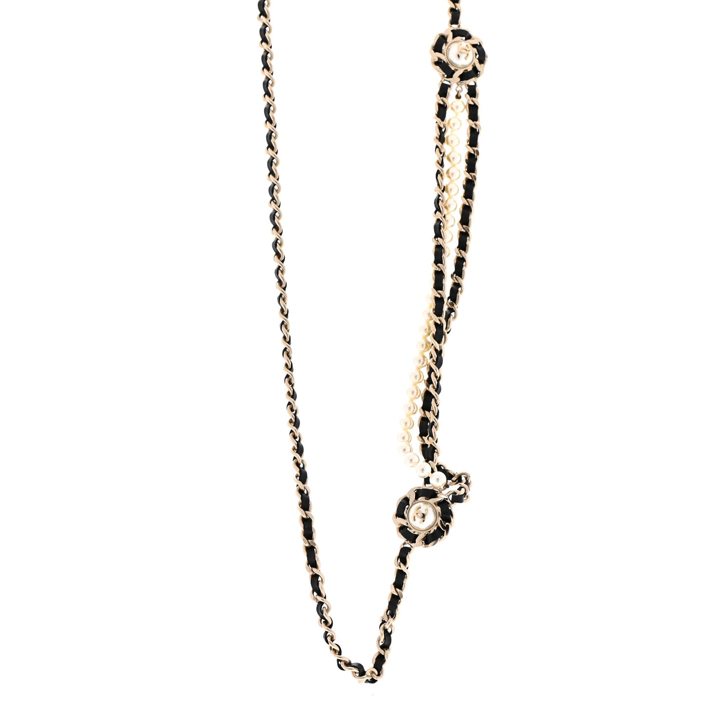 Pearl Calfskin CC Chain Necklace Black Gold