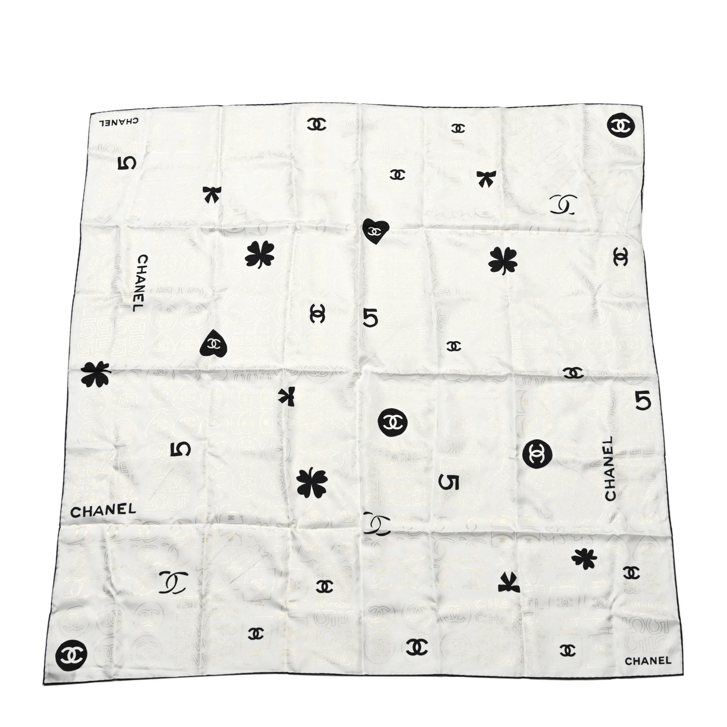 Silk CC Logo Charms Scarf White Gold Black