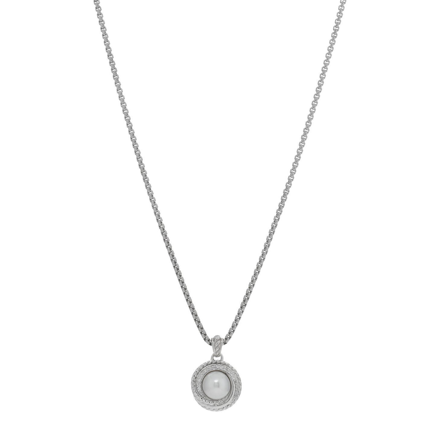 Sterling Silver Diamond Pearl 8mm Crossover Pendant Necklace