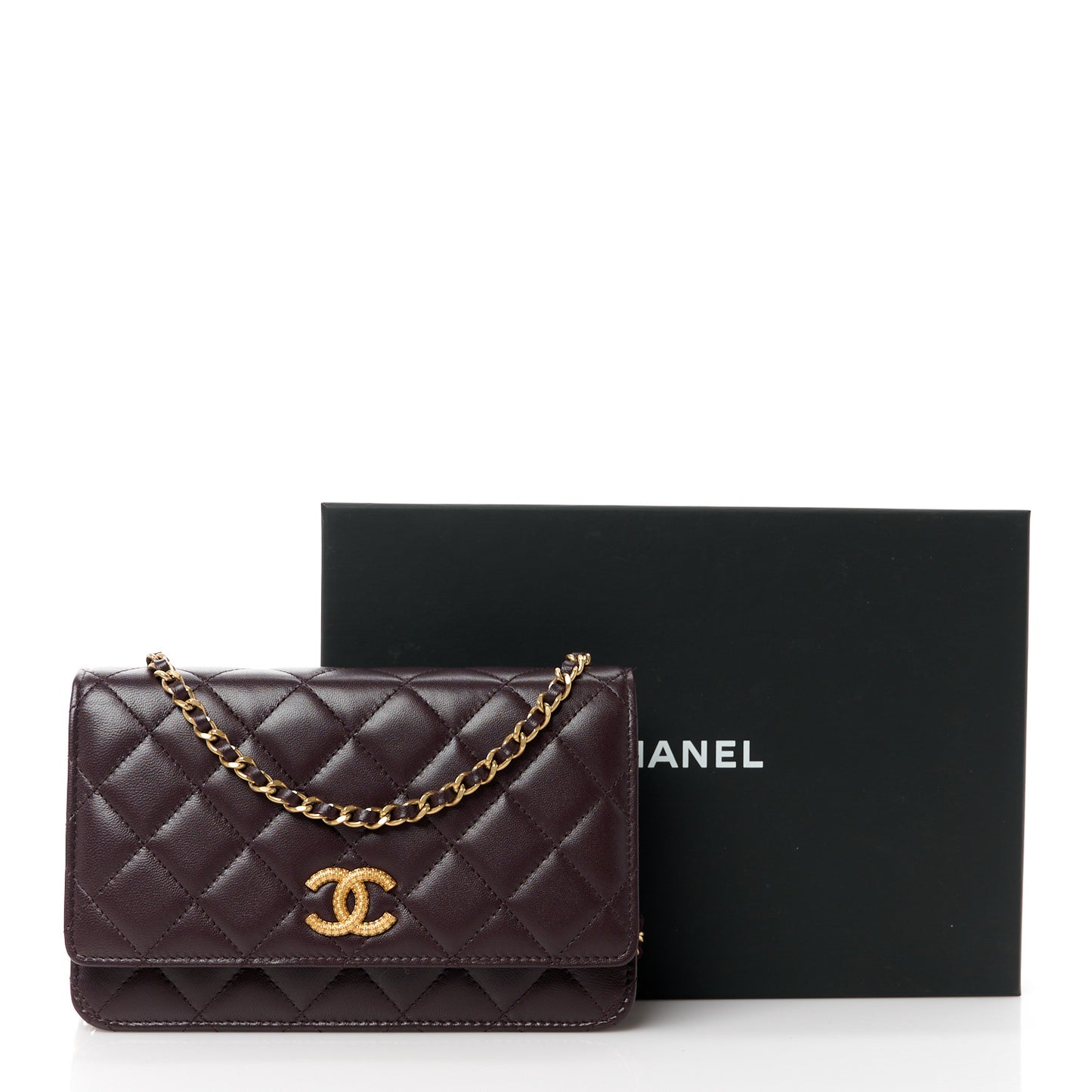 Lambskin Quilted Studded CC Wallet On Chain WOC Brown