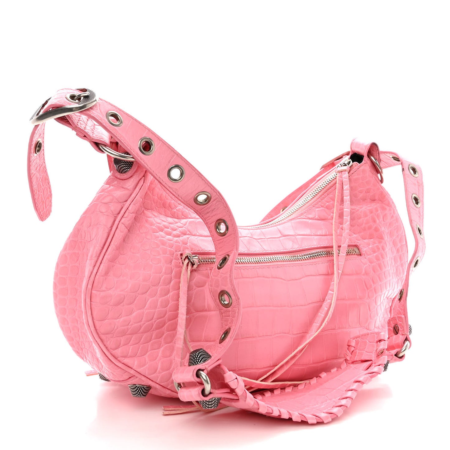 Extra Supple Calfskin Crocodile Embossed Small Le Cagole Shoulder Bag Sweet Pink