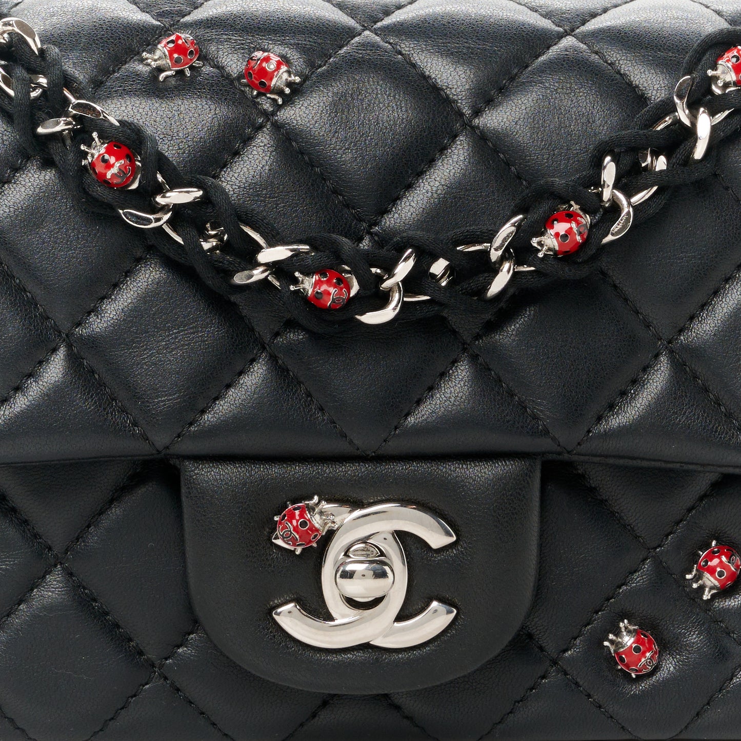 Lambskin Quilted Embellished Mini Ladybug Rectangular Flap Black