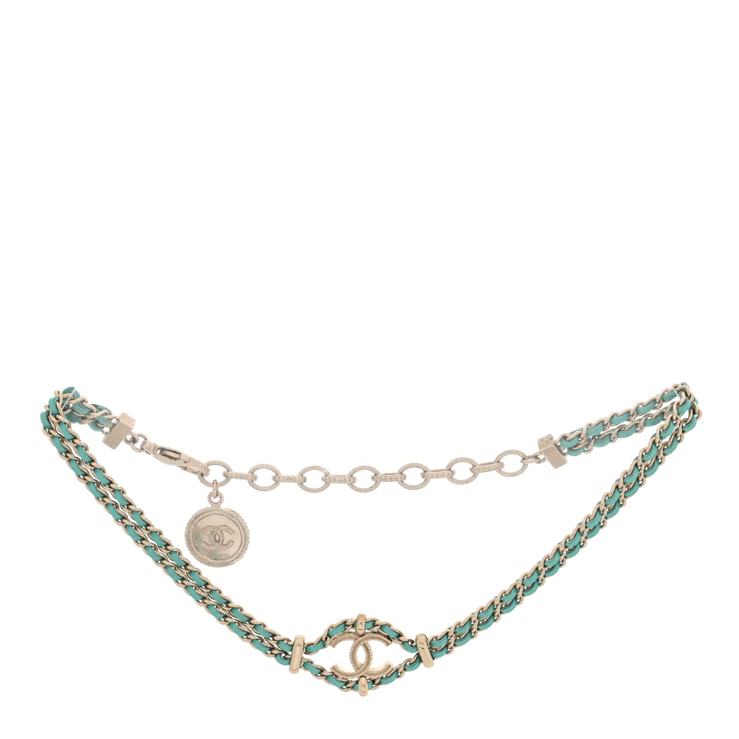 Metal Lambskin CC Chain Link Necklace Golden Light Green