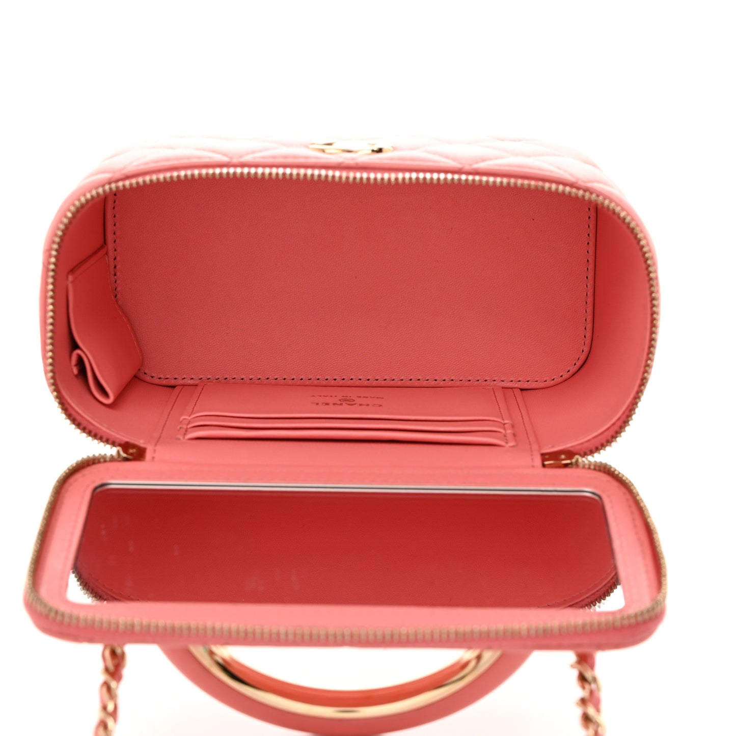 Lambskin Quilted Small Charming Top Handle Vanity Case With Chain Pink