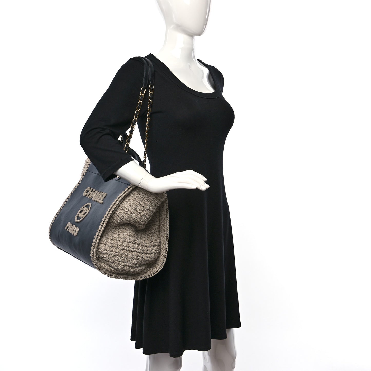 Calfskin Knit Medium Deauville Tote Black Beige