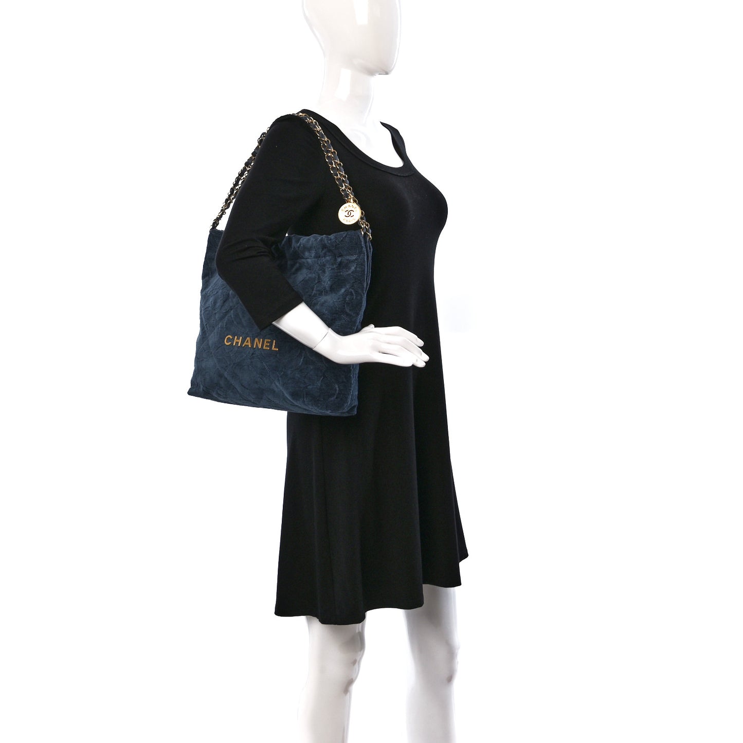 Velvet Camellia Quilted Small Chanel 22 Dark Blue