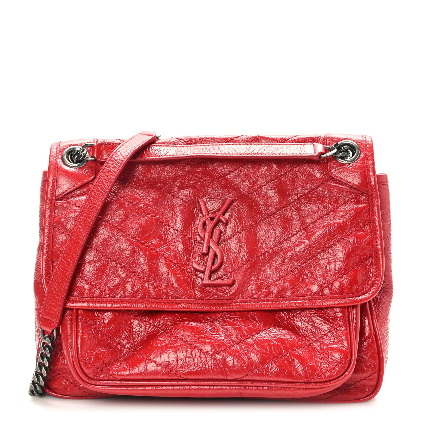 Crinkled Calfskin Matelasse Monogram Medium Niki Chain Satchel Rouge Eros