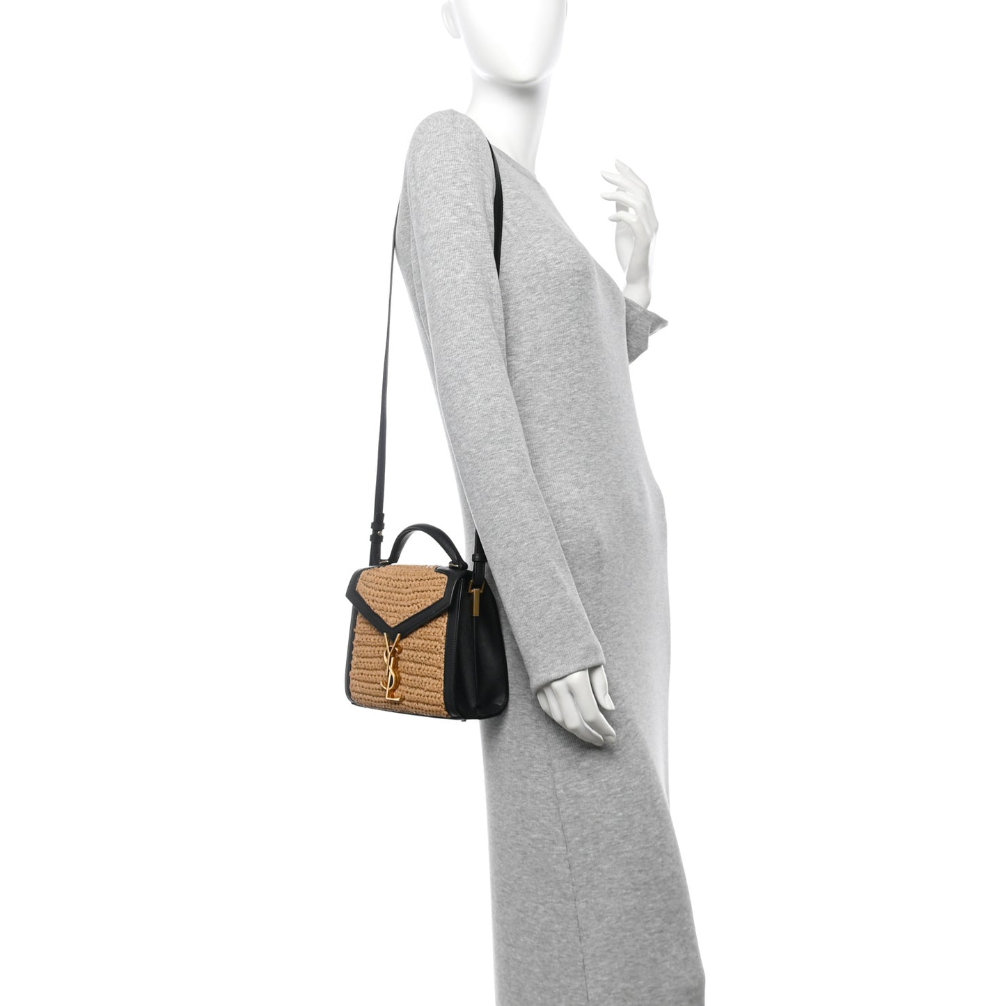Raffia Calfskin Mini Classic Monogram Cassandra Top Handle Black Natural