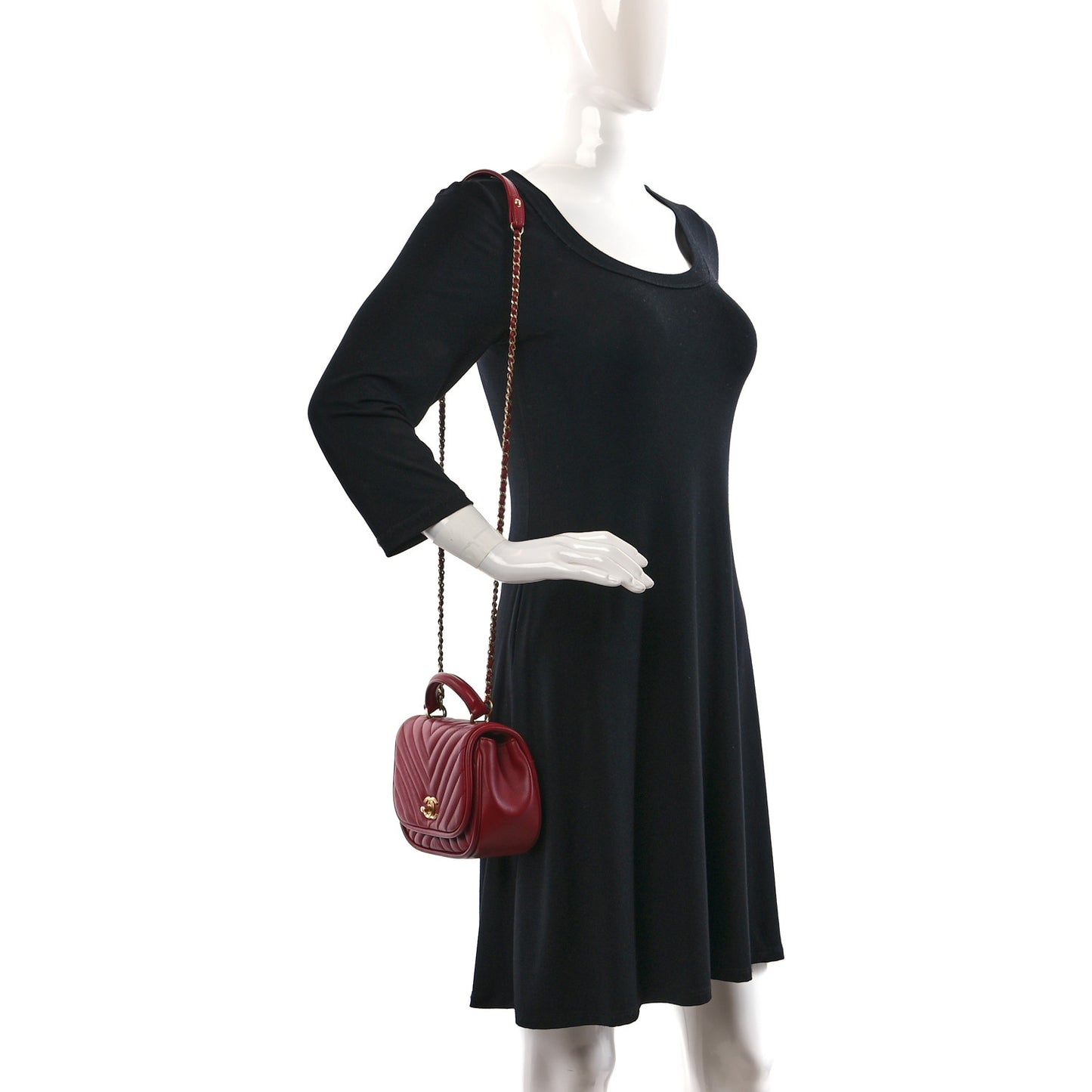 Lambskin Reverse Chevron Quilted Mini Round Top Handle Flap Red