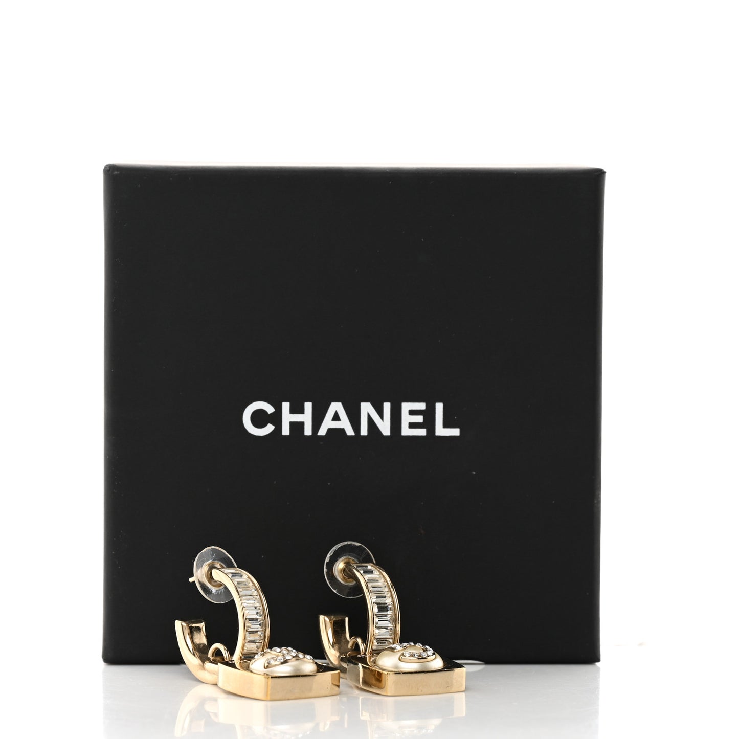 Pearl Crystal Baguette No 5 Lock Drop Earrings Gold Pearly White