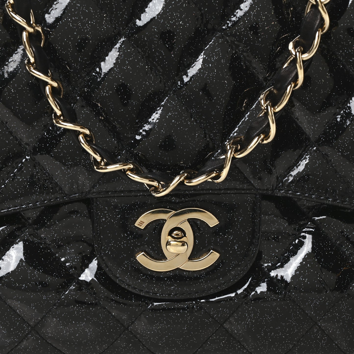 Patent Quilted Sparkle Glitter Jumbo Single Flap Black