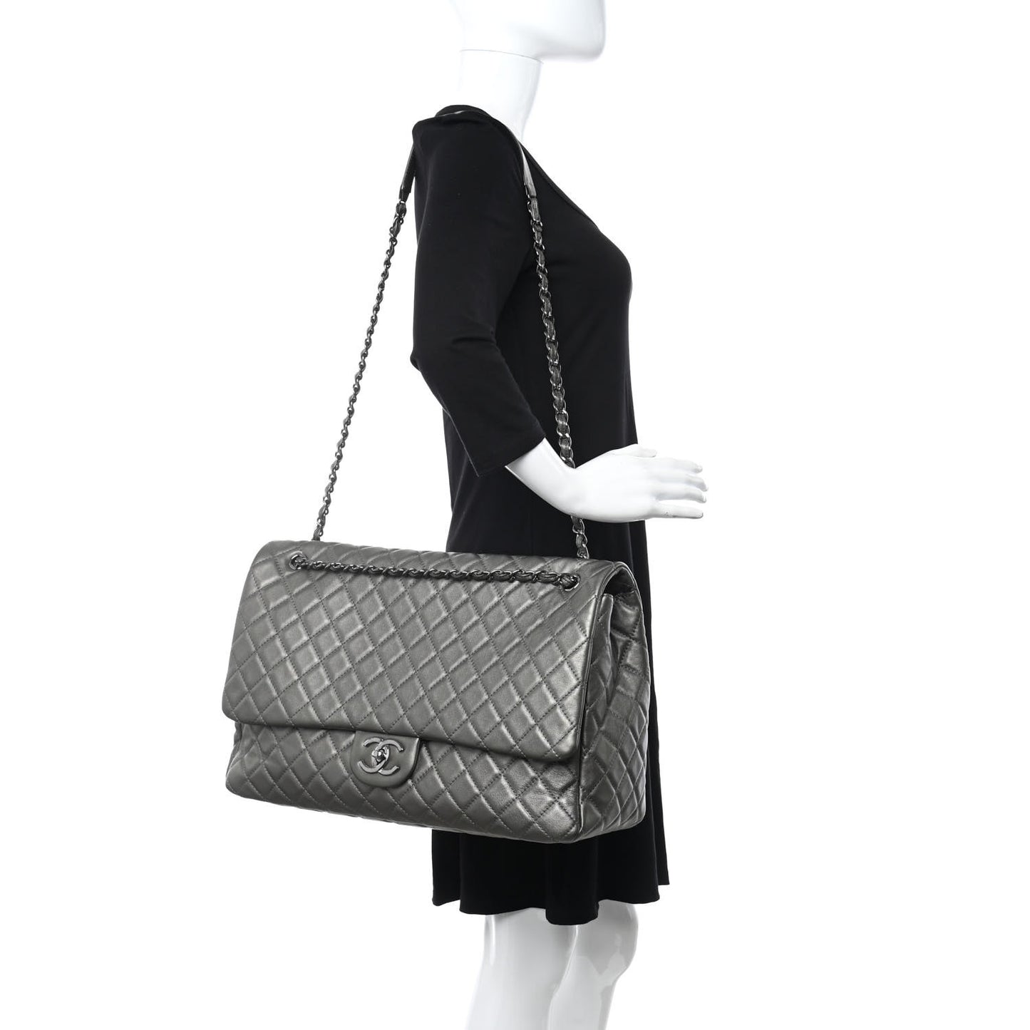 Metallic Calfskin Quilted XXL Travel Flap Bag Dark Silver