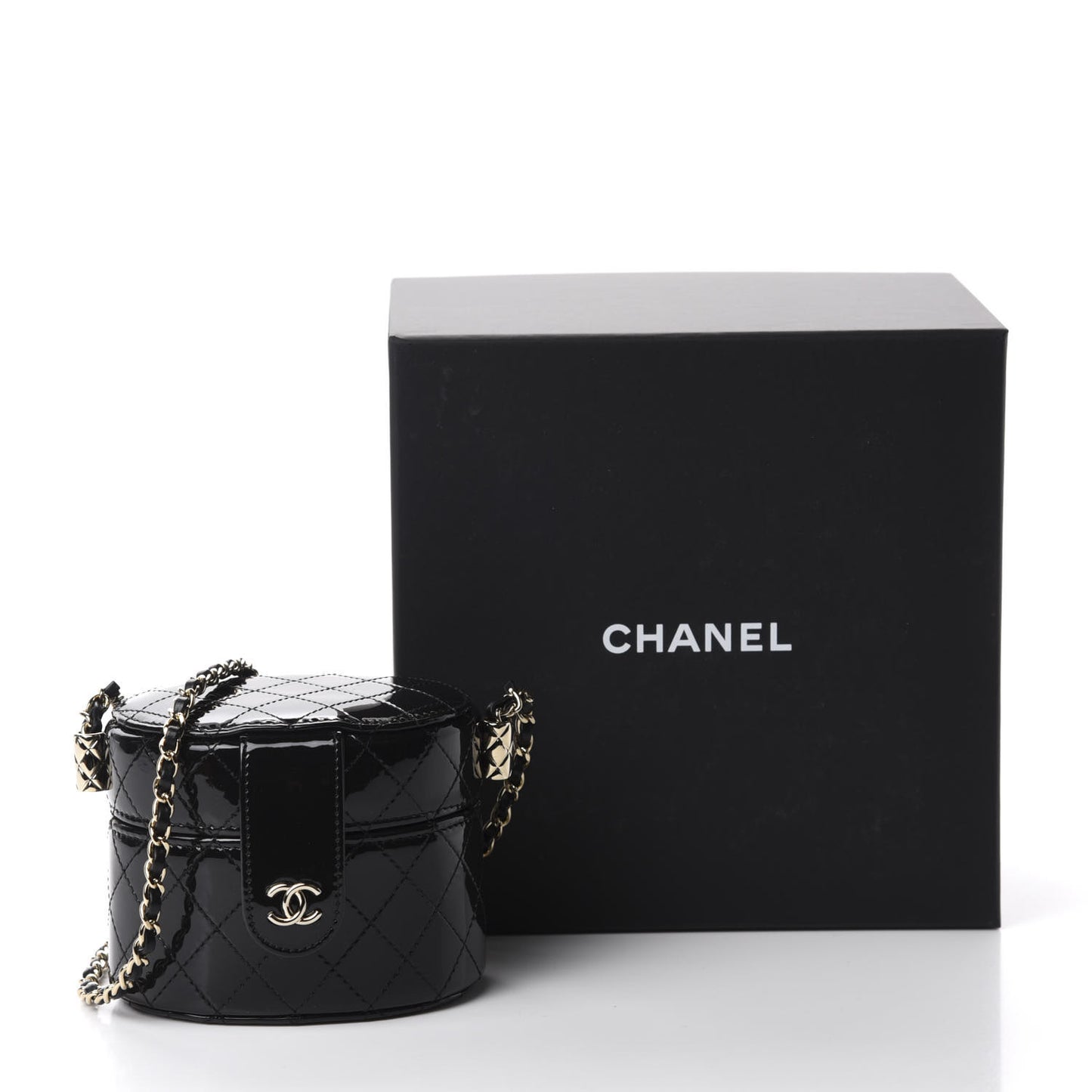 Patent Quilted Round Small Vanity With Chain Black