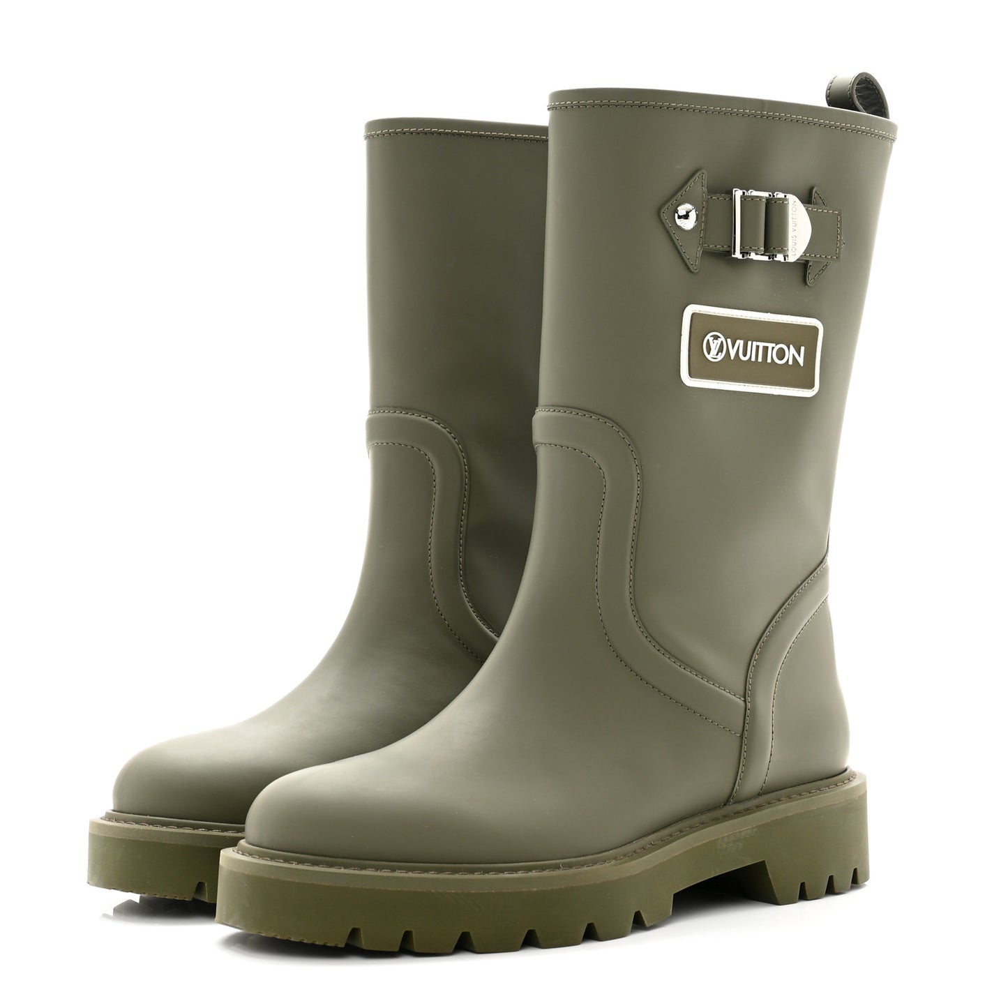 Rubber Calfskin Territory Flat Boots 37 Khaki