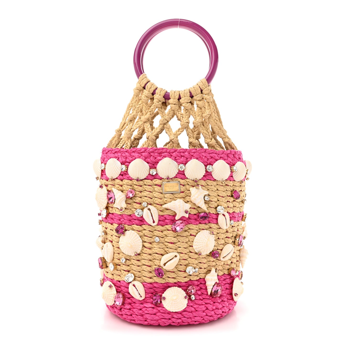 Raffia Crystal Seashell Bucket Bag Natural Pink