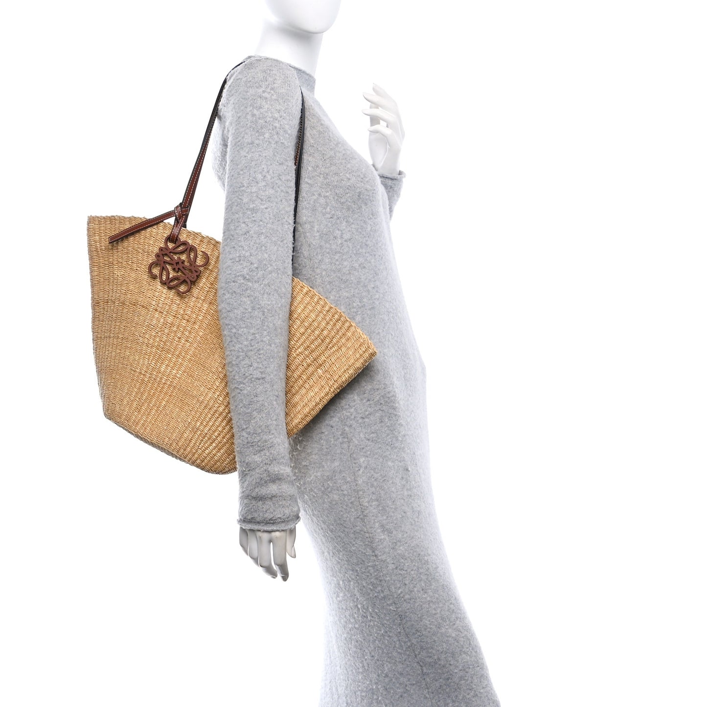 Raffia Calfskin Shell Basket Tote Natural Pecan