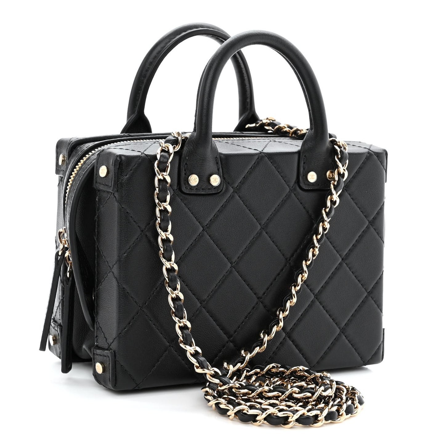 Calfskin Quilted Small Studded Square Vanity Case Black