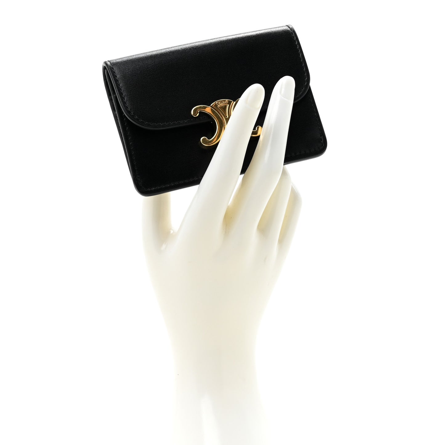 Shiny Calfskin Triomphe Flap Card Holder Black