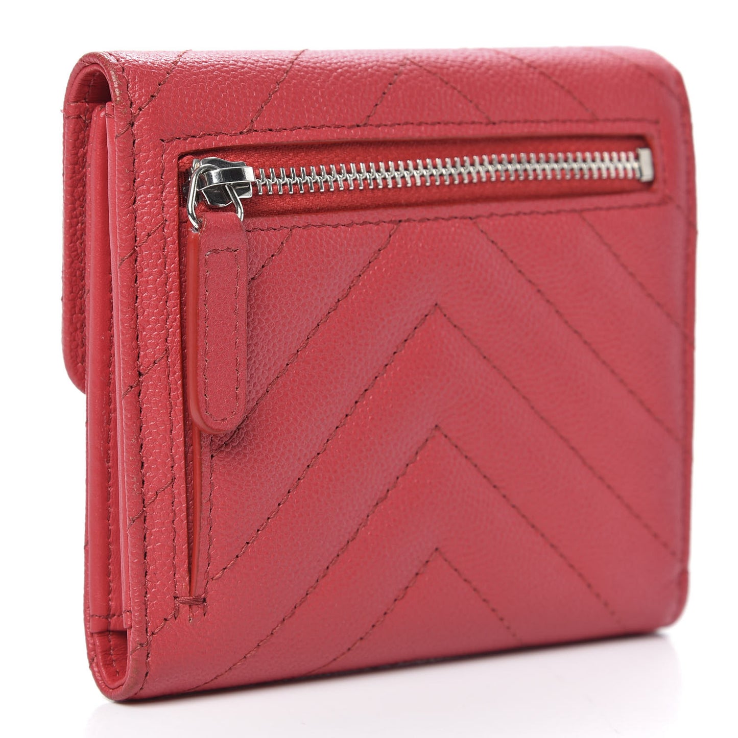 Caviar Chevron Quilted Compact Flap Wallet Red