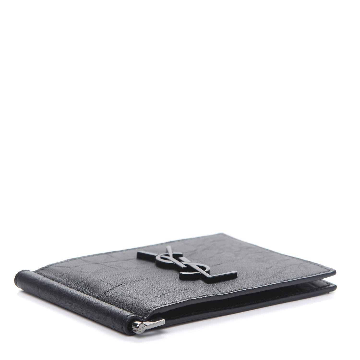 Saint Laurent Calfskin Crocodile Embossed Bill Clip Card Case Black 4 of 8