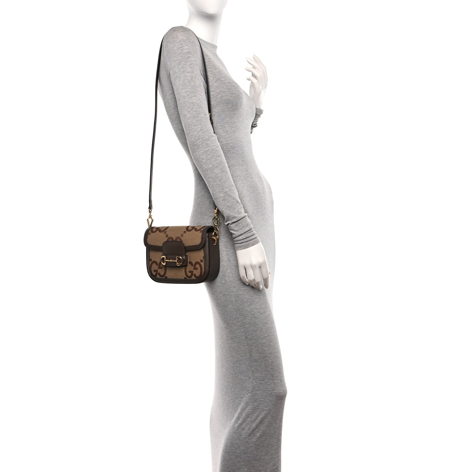 Gucci Monogram Jumbo GG Textured Dollar Calfskin Web Mini Horsebit 1955 Shoulder Bag Camel Ebony New Acero 2 of 11