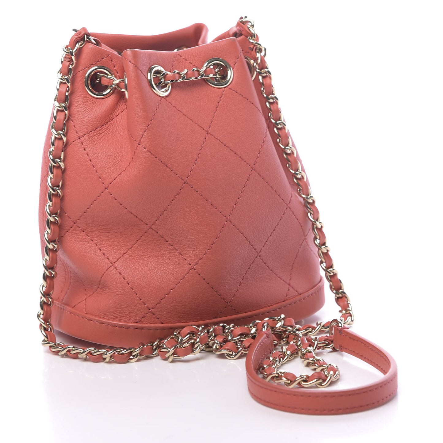 Calfskin Stitched Chain Bucket Bag Coral