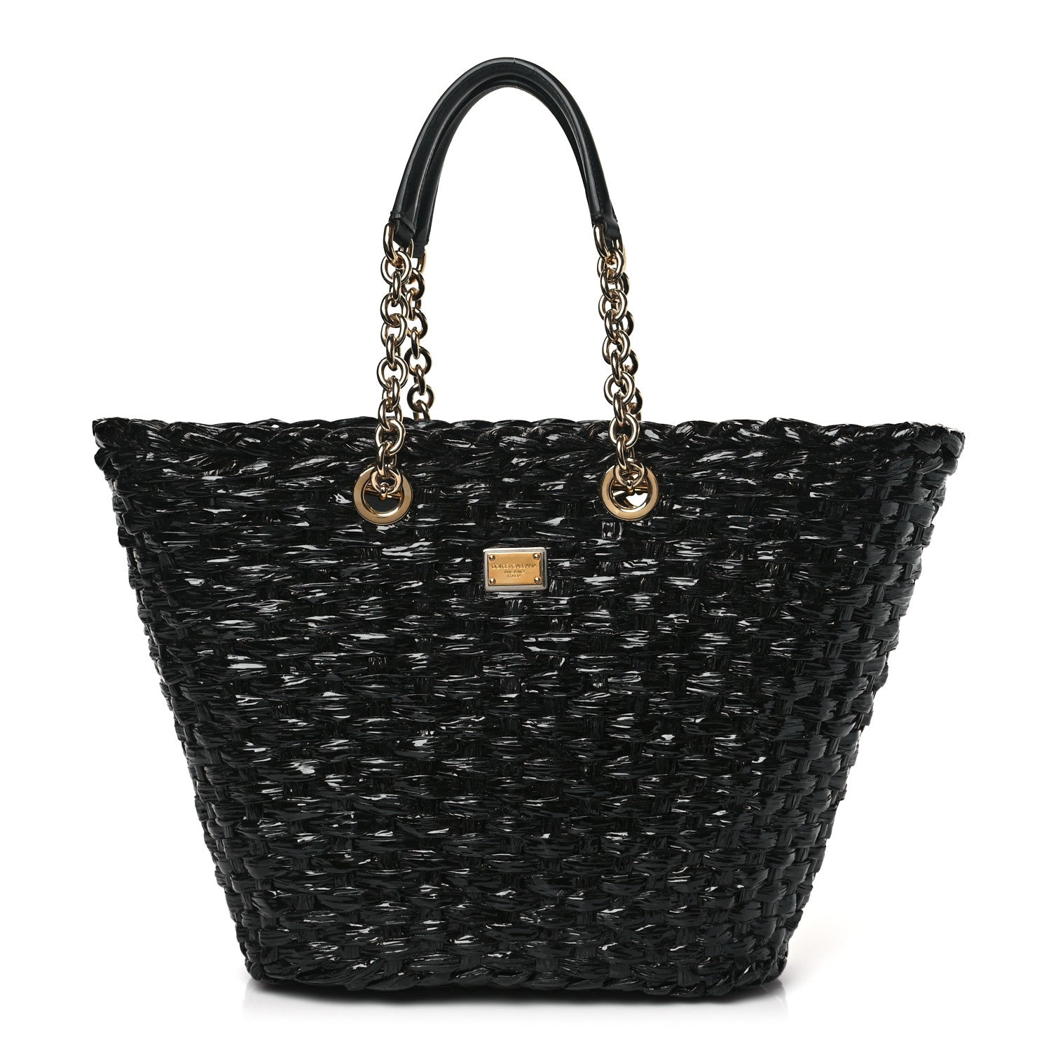 Dolce & Gabbana Vernice Vitello Raffia Woven Coffa Tote Black 1 of 8