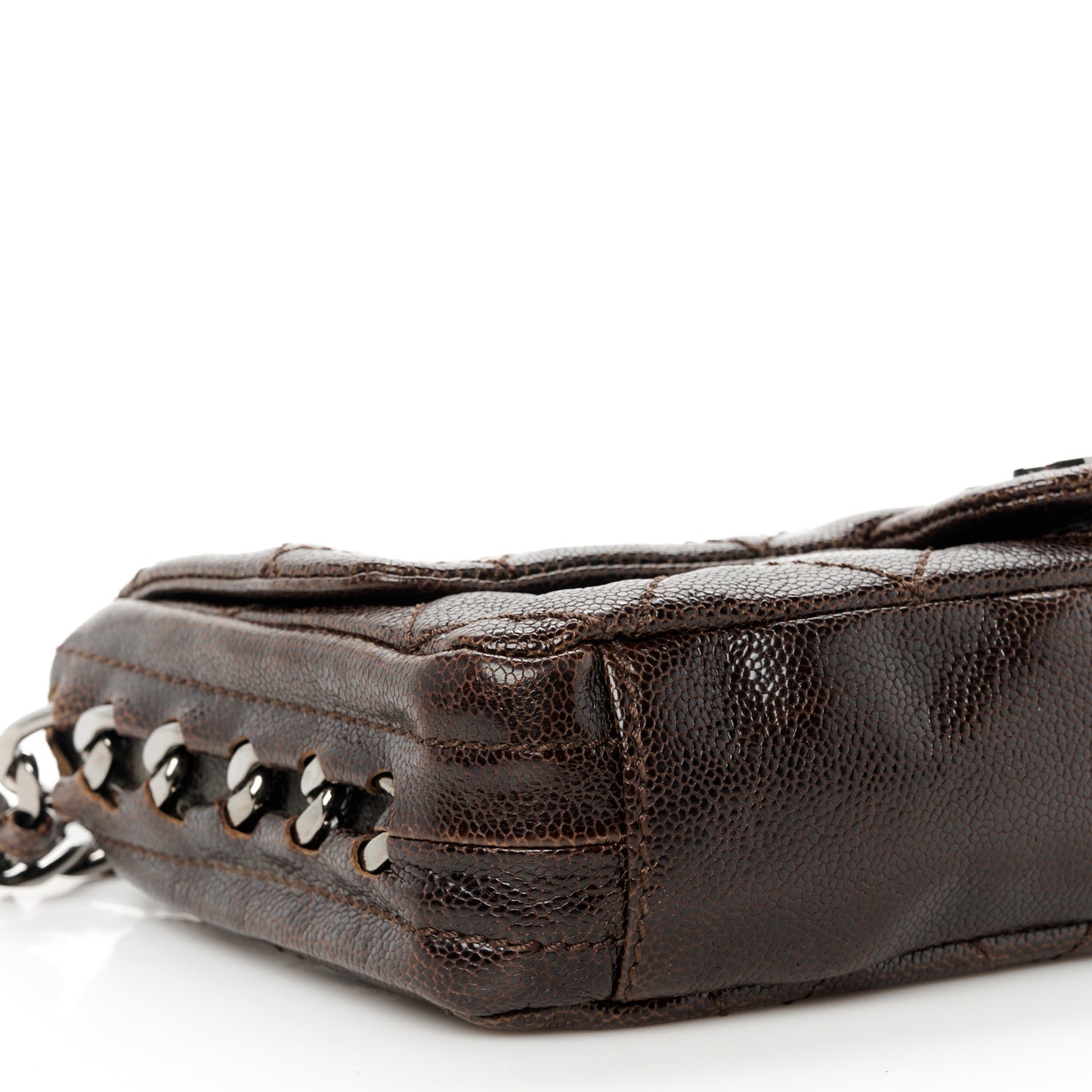 Glazed Caviar Quilted Modern Chain Flap Dark Brown