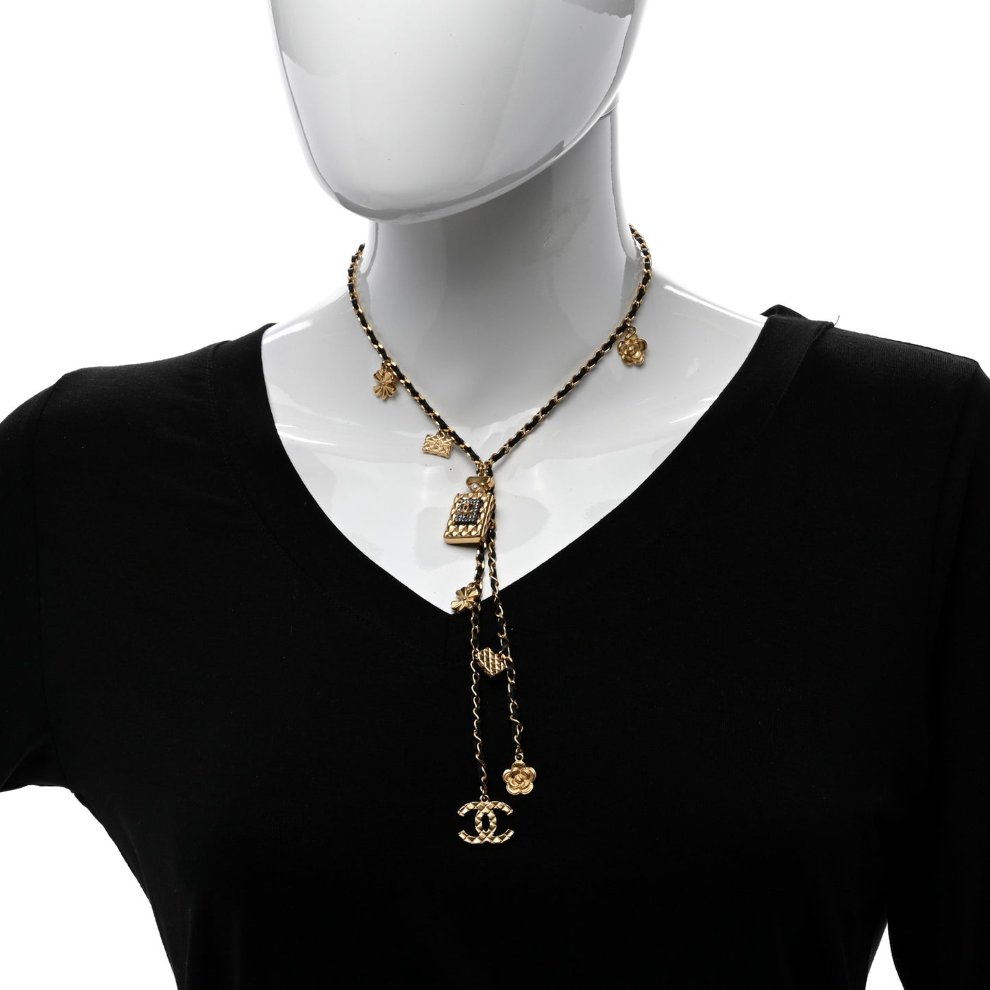 Calfskin Crystal Pearl Perfume Bottle CC Charm Necklace Black Gold