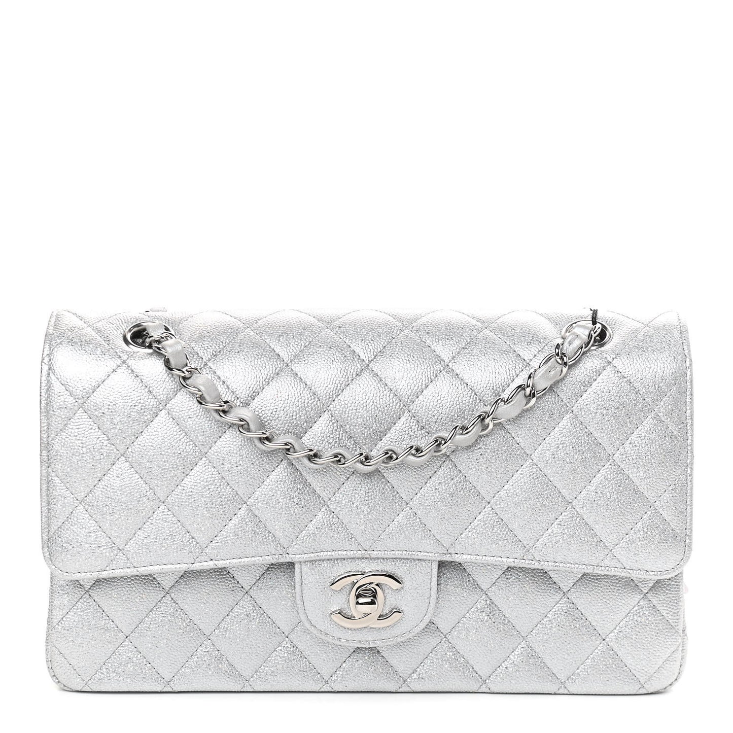 Glittered Metallic Caviar Quilted Medium Double Flap Silver