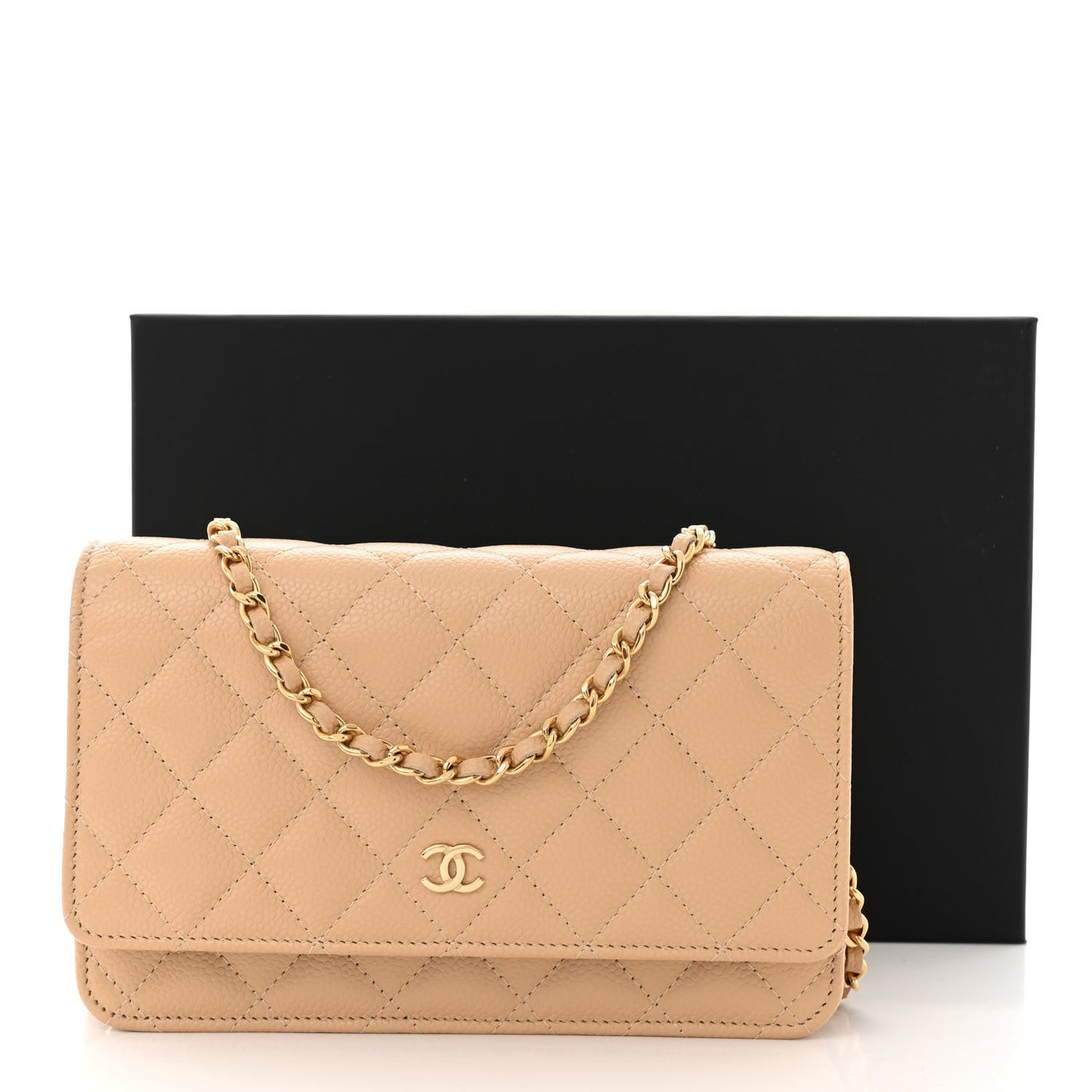 Caviar Quilted Wallet on Chain WOC Beige