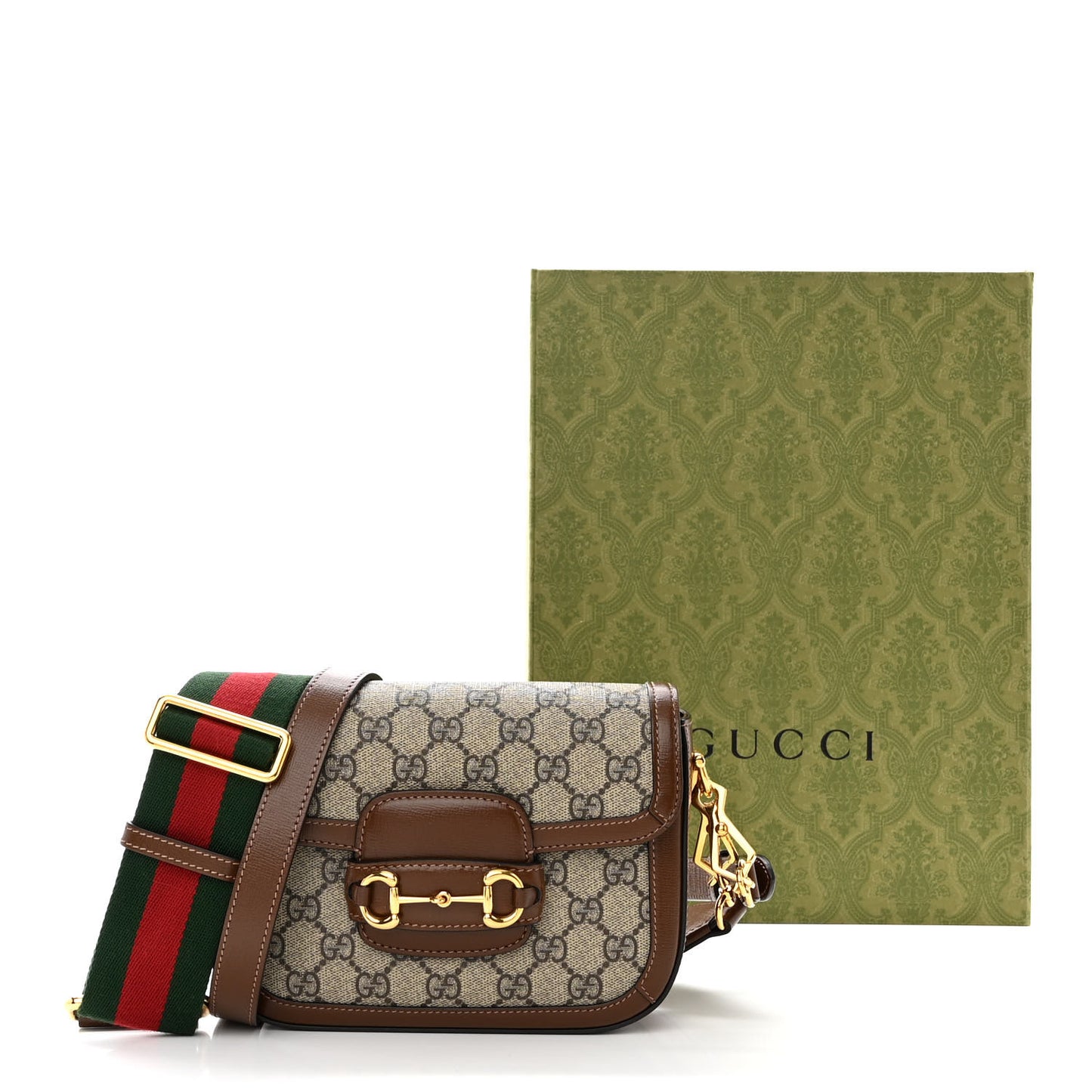 GG Supreme Monogram Azalea Calfskin Web Mini Horsebit 1955 Shoulder Bag Beige Ebony Brown Sugar