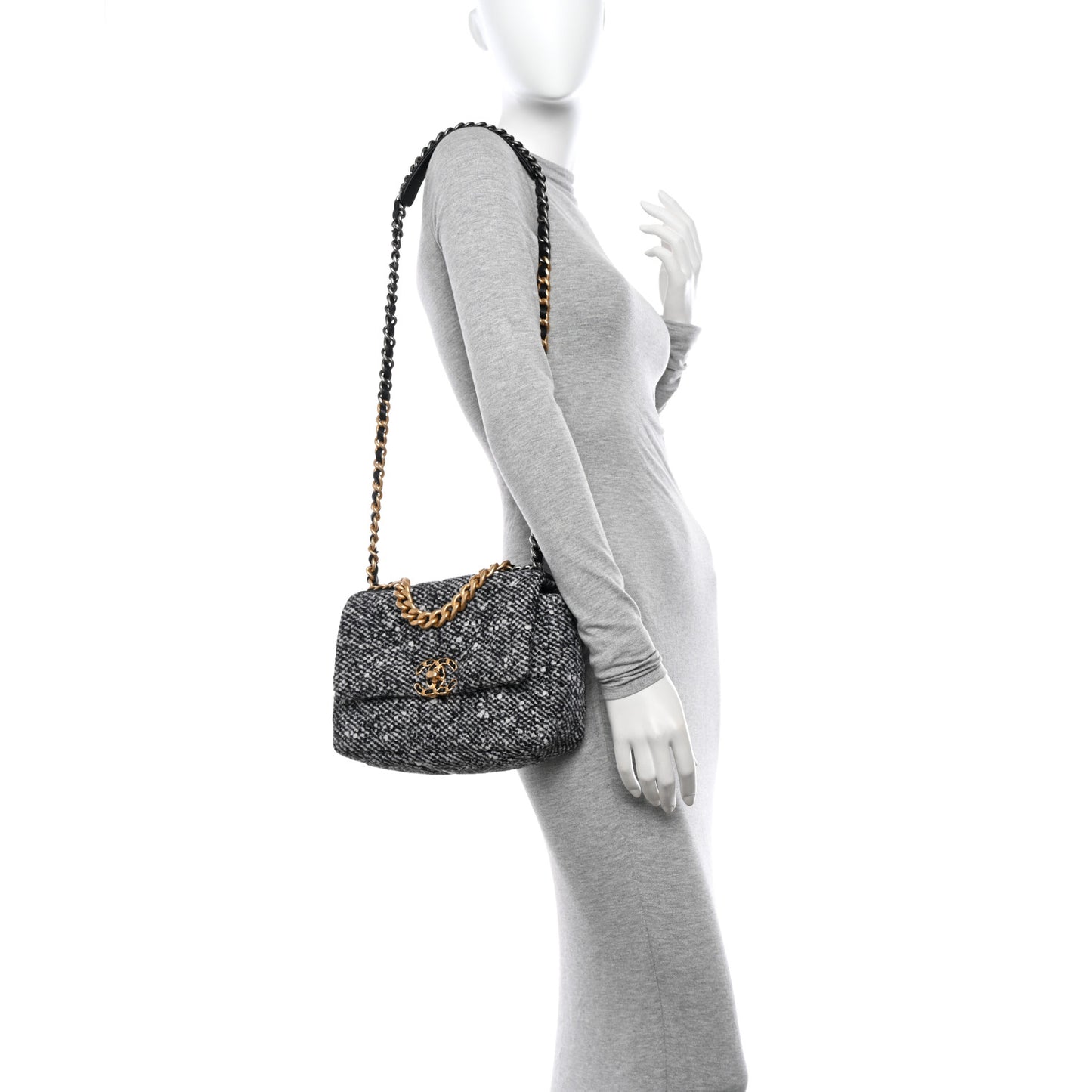Tweed Quilted Medium Chanel 19 Flap Black Ecru