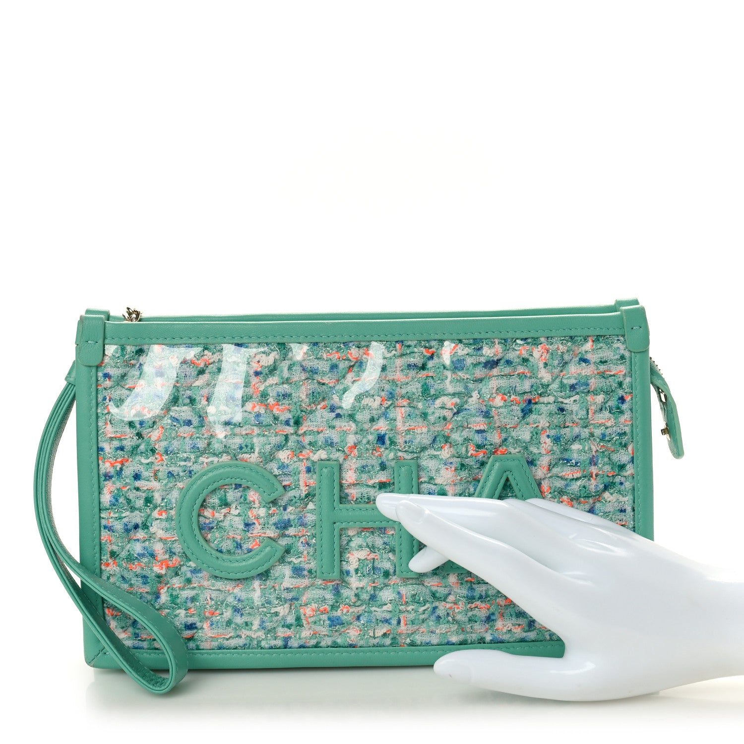 Chanel Tweed Lambskin PVC Quilted Wristlet Pouch Green 2 of 7