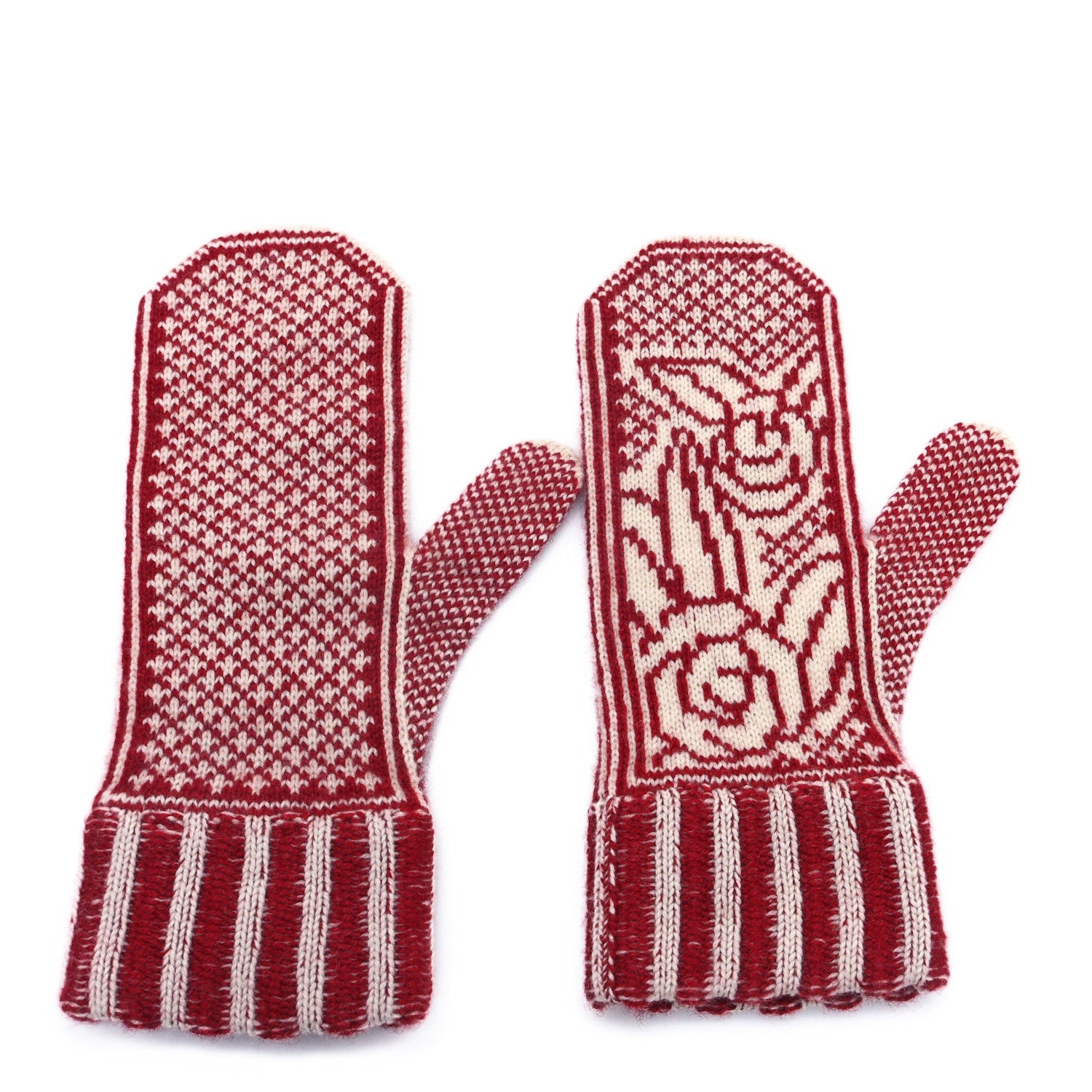 Chanel Cashmere Camelia Knit Mittens Red Ivory 1 of 3