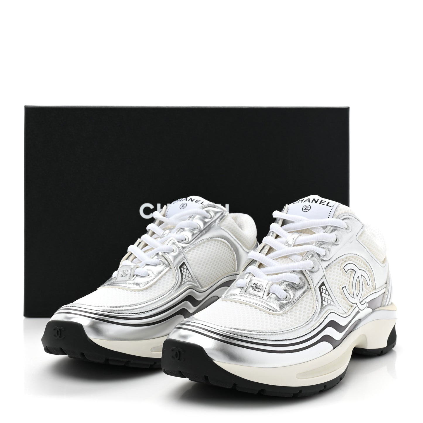 Fabric Laminated Calfskin Stretch CC Womens Sneakers 38.5 White Silver