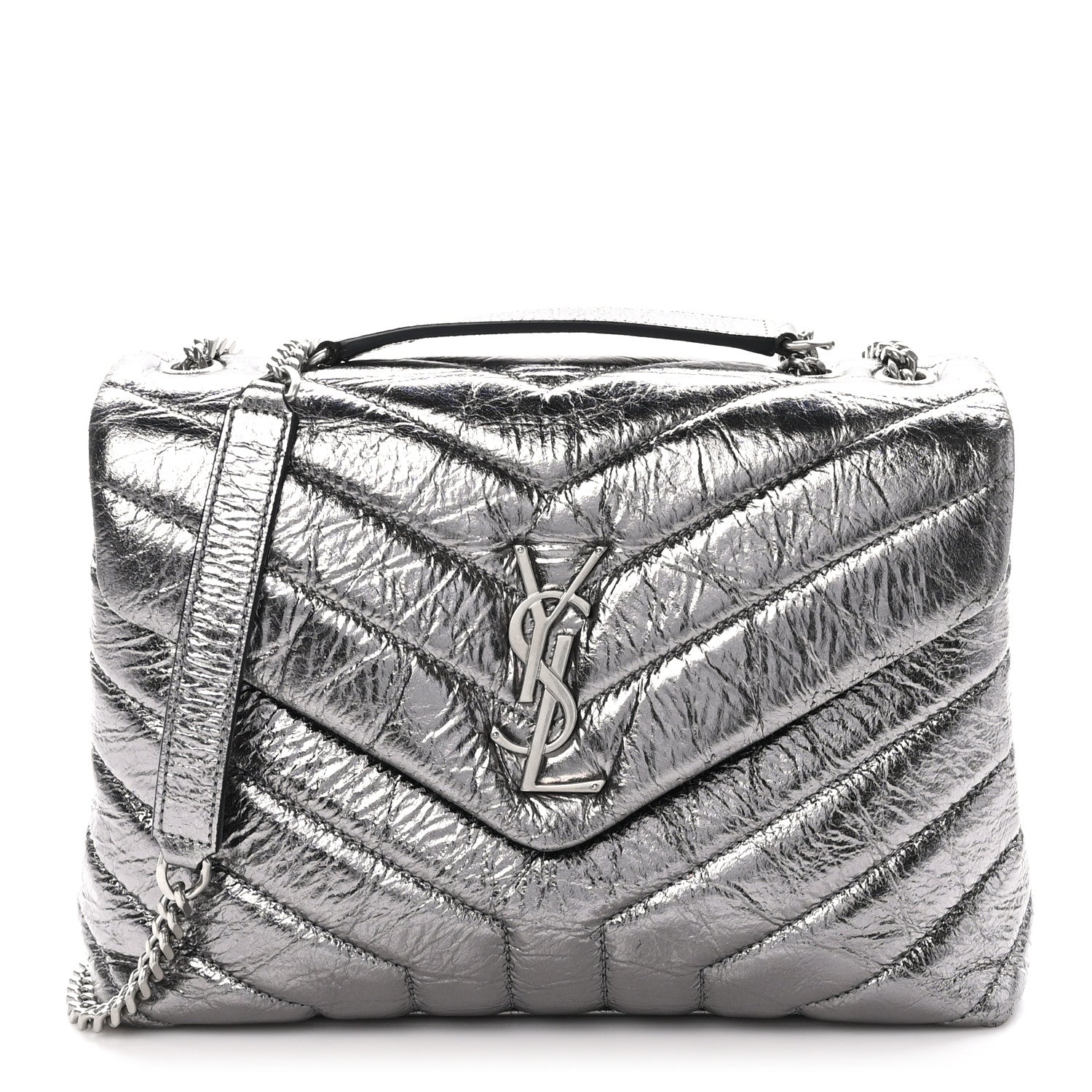 Saint Laurent Metallic Calfskin Y Quilted Monogram Small Loulou Chain Satchel Acciaio 1 of 11