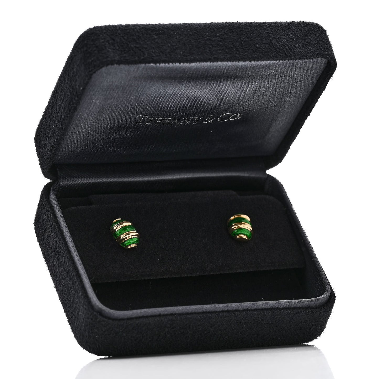 18K Yellow Gold Enamel Schlumberger Olive Stud Earrings Green