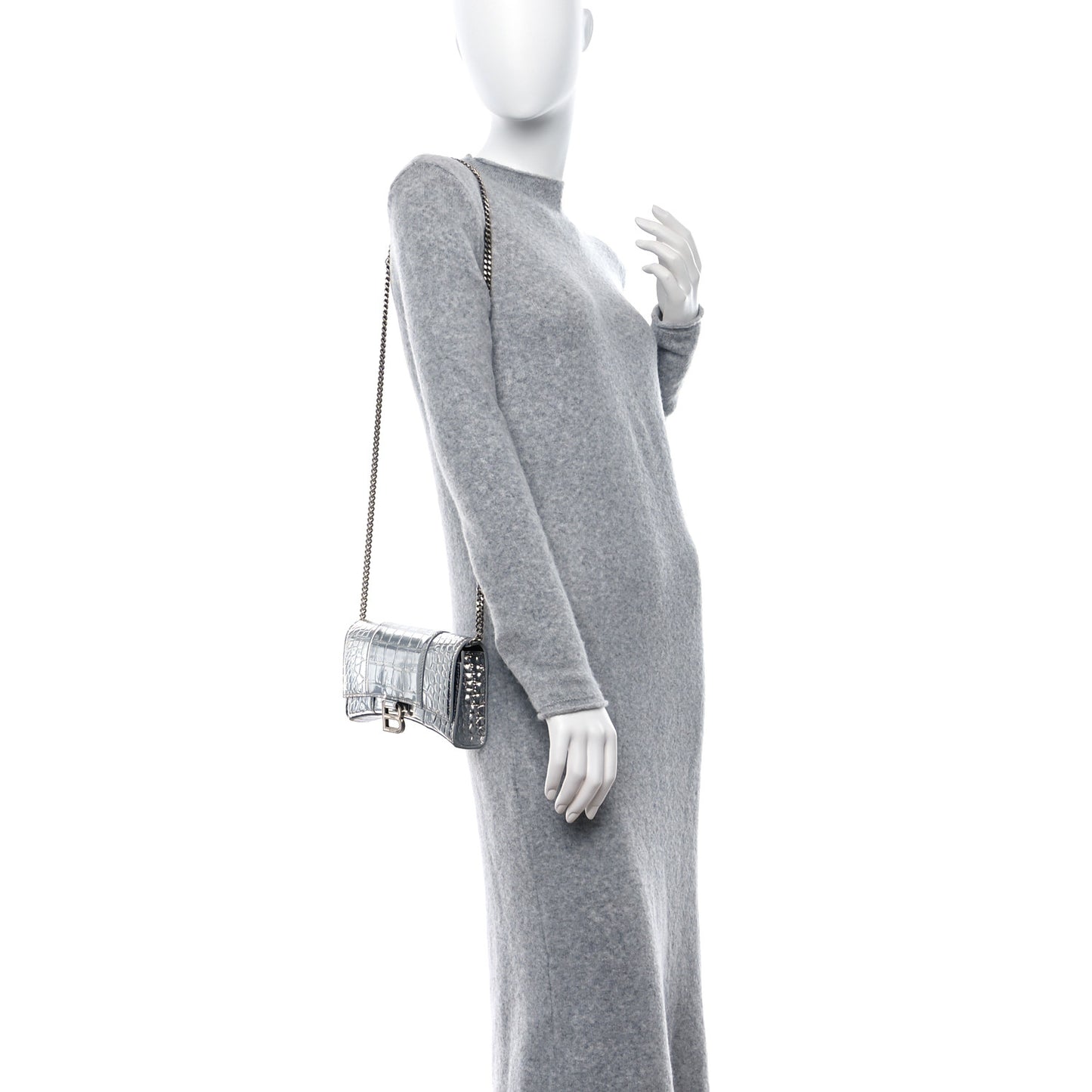 Metallic Calfskin Crocodile Embossed Hourglass Chain Bag Silver
